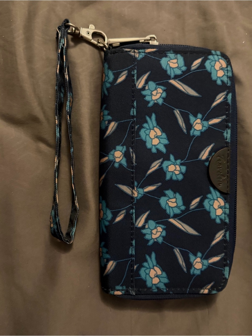 Travelon Navy Floral Wristlet Phone Wallet with Teal Accents